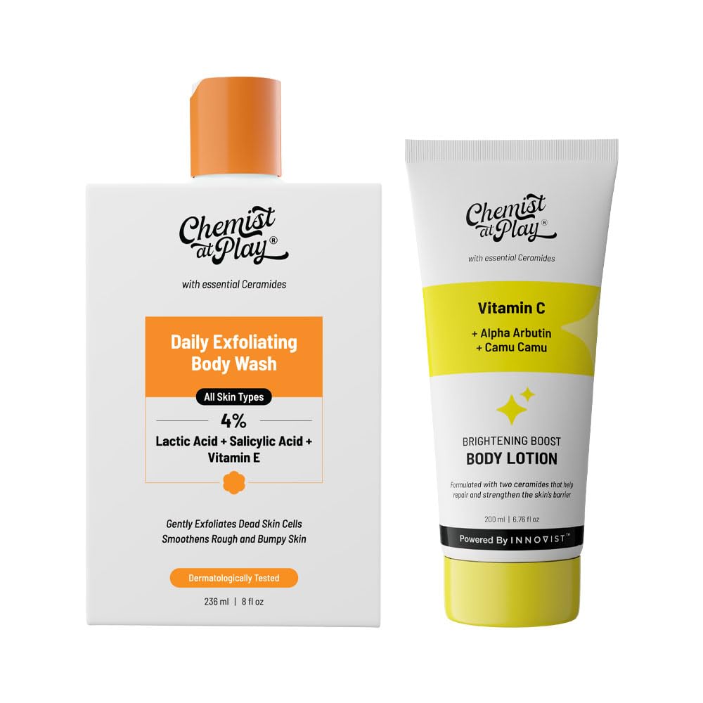 Chemist At Play 1% Salicylic Acid Exfoliating Body Wash 236ml +Brightening Body Lotion | Skin Moisturization | Arbutin & Vitamin C | 200 ml | Men & Women