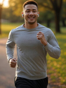 Person jogging with wireless Bluetooth earbuds in a park
